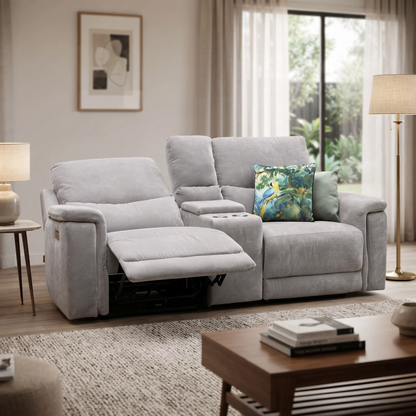 'Berlin' Light Grey Linen Fabric 2 Seater Power Recliner Sofa with Storage Console