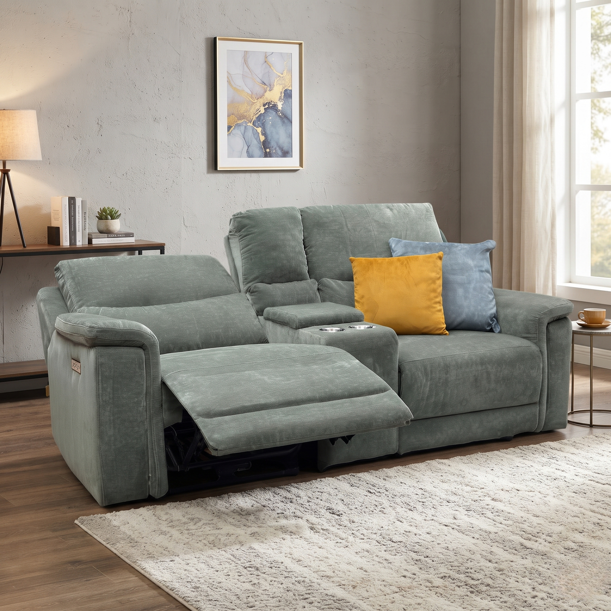 'Berlin' Forest Green Linen Fabric 2 Seater Power Recliner Sofa with Storage Console