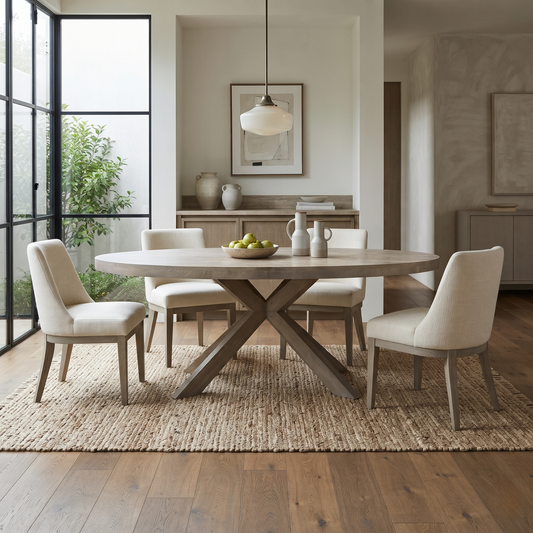 Falun smoked oak oval dining table in a Scandinavian style dining room