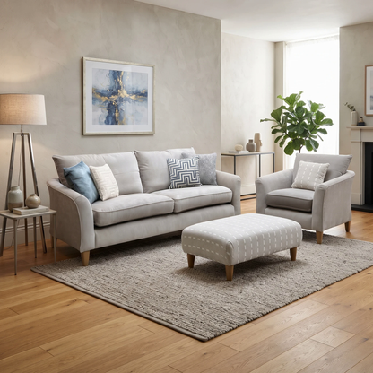 'Soho' Mont Blanc Natural Fabric 4 Seater Sofa + Chair + Patterned Fabric Designer Footstool