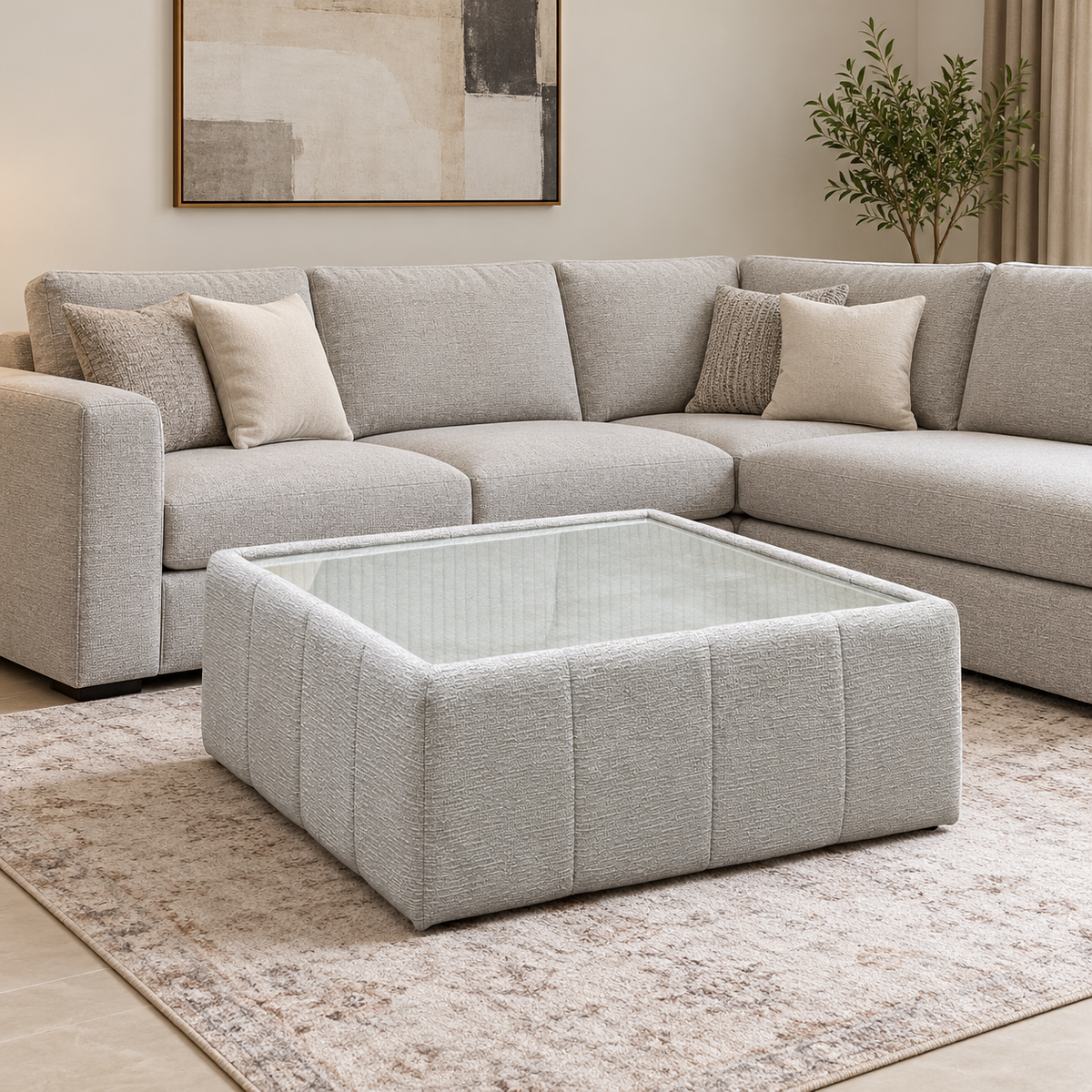 'Boujee' Lustro Dove Grey - Zora Natural Fabric Square Glass Top Table