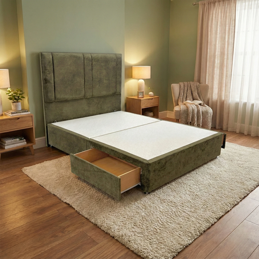 ‘Pegasus’ Khaki Velvet Floor Standing Headboard + Base with 2 Drawers - King