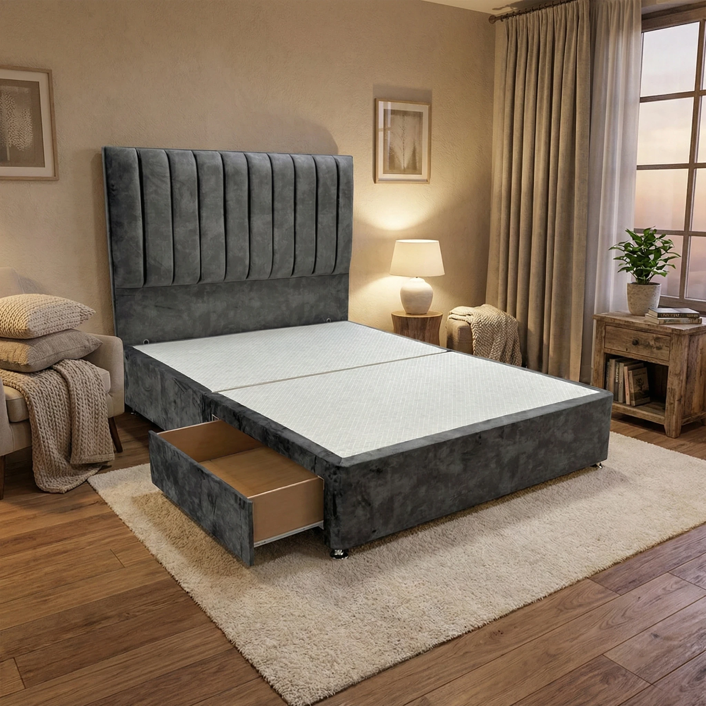 'Kudos’ Domino Grey Velvet Floor Standing Headboard + Base with 2 Drawers - King