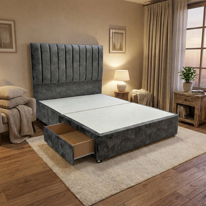 'Kudos’ Domino Grey Velvet Floor Standing Headboard + Base with 2 Drawers - King