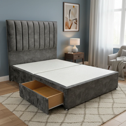 'Kudos’ Domino Grey Velvet Floor Standing Headboard + Base with 2 Drawers - Double