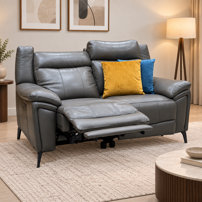 ‘Panache’ Storm Grey Cat-60_21 Leather 2 Seater Power Recliner Sofa with Power Headrests