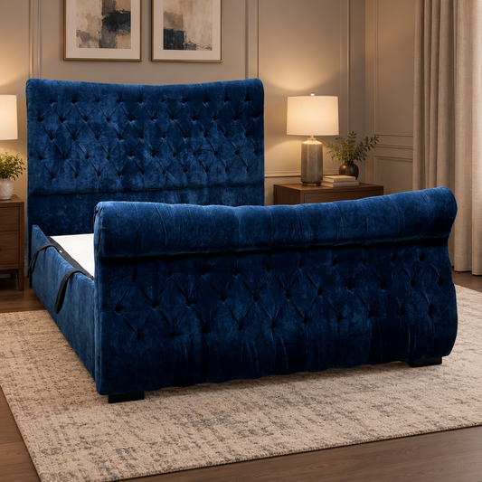 Lance navy blue chenille scroll ottoman bed frame in a bedroom with a deep buttoned headboard and bedside lamps