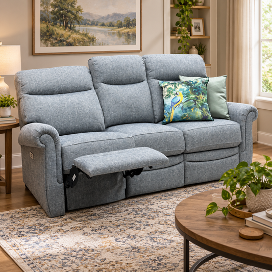 G Plan Avon blue fabric 3 seater recliner sofa in a living room with a round wooden coffee table