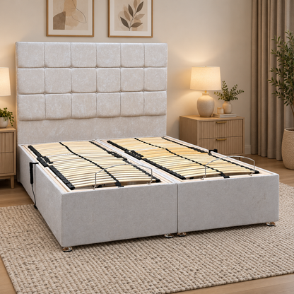 ‘Atlas’ Champagne Fabric Floor Standing Headboard + Electric Adjustable Divan + 800 Pocket Mattresses Package Deal - King