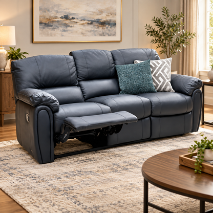Leighton black faux leather 3 seater recliner sofa with the left seat reclined in a living room with a patterned rug