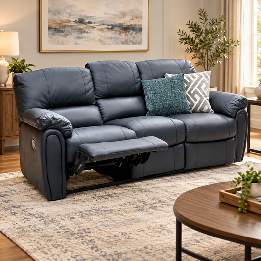 Leighton black faux leather 3 seater recliner sofa with the left seat reclined in a living room with a patterned rug