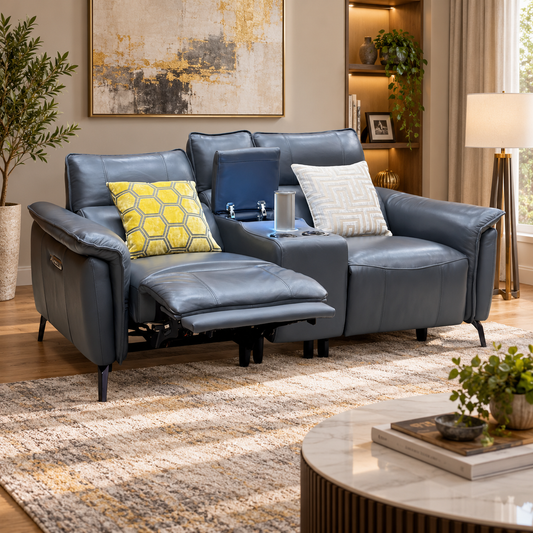 Jude lavender grey leather 2 seater recliner reclined in a living room with a gold abstract painting and rug