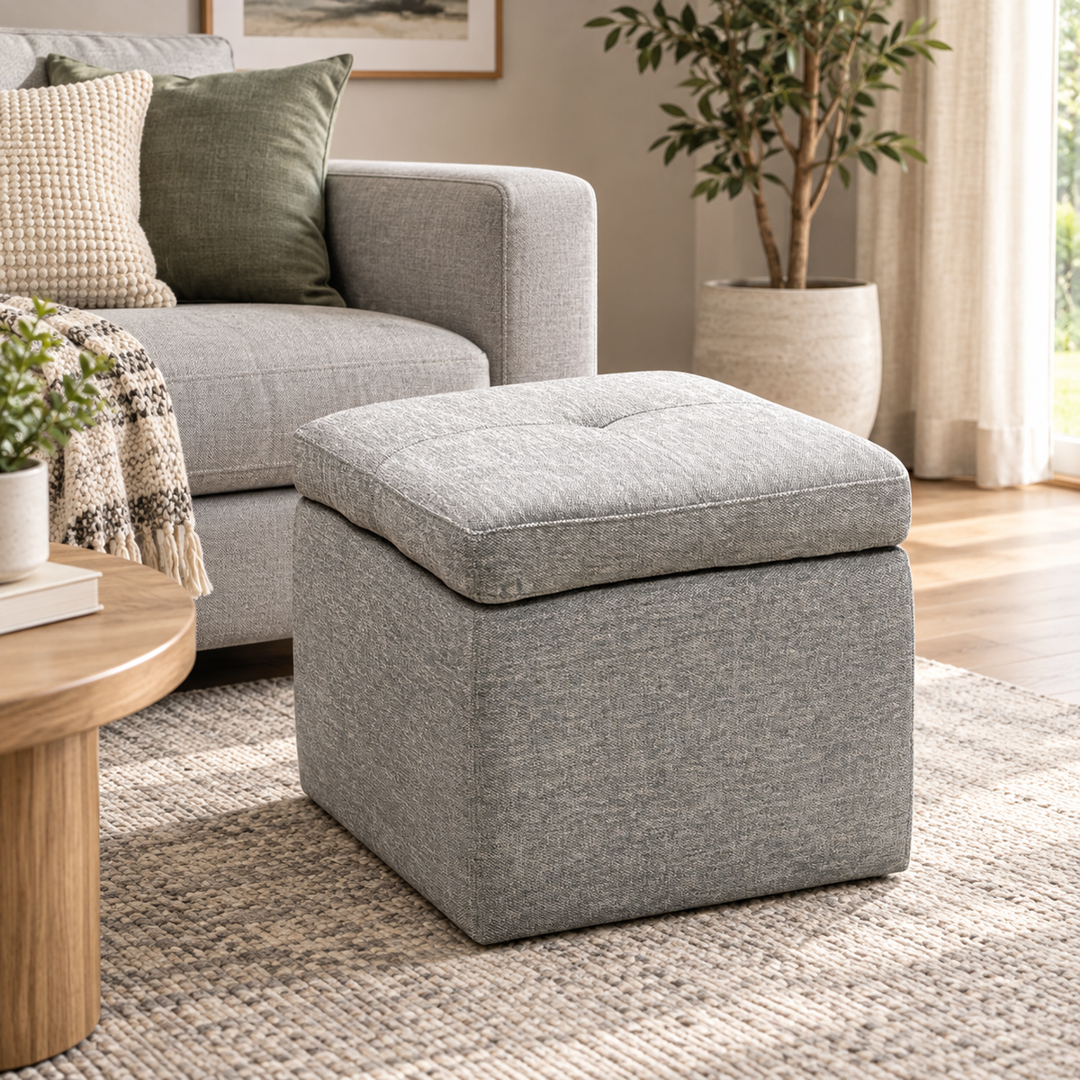 Easy Tray wild dove grey fabric storage footstool beside a grey sofa in a living room with a round wooden table