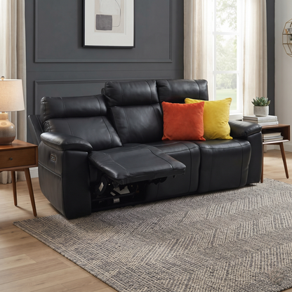 ‘Aero’ Jet Black Cat-40:23 Leather 3 Seater Power Recliner Sofa with Power Headrests