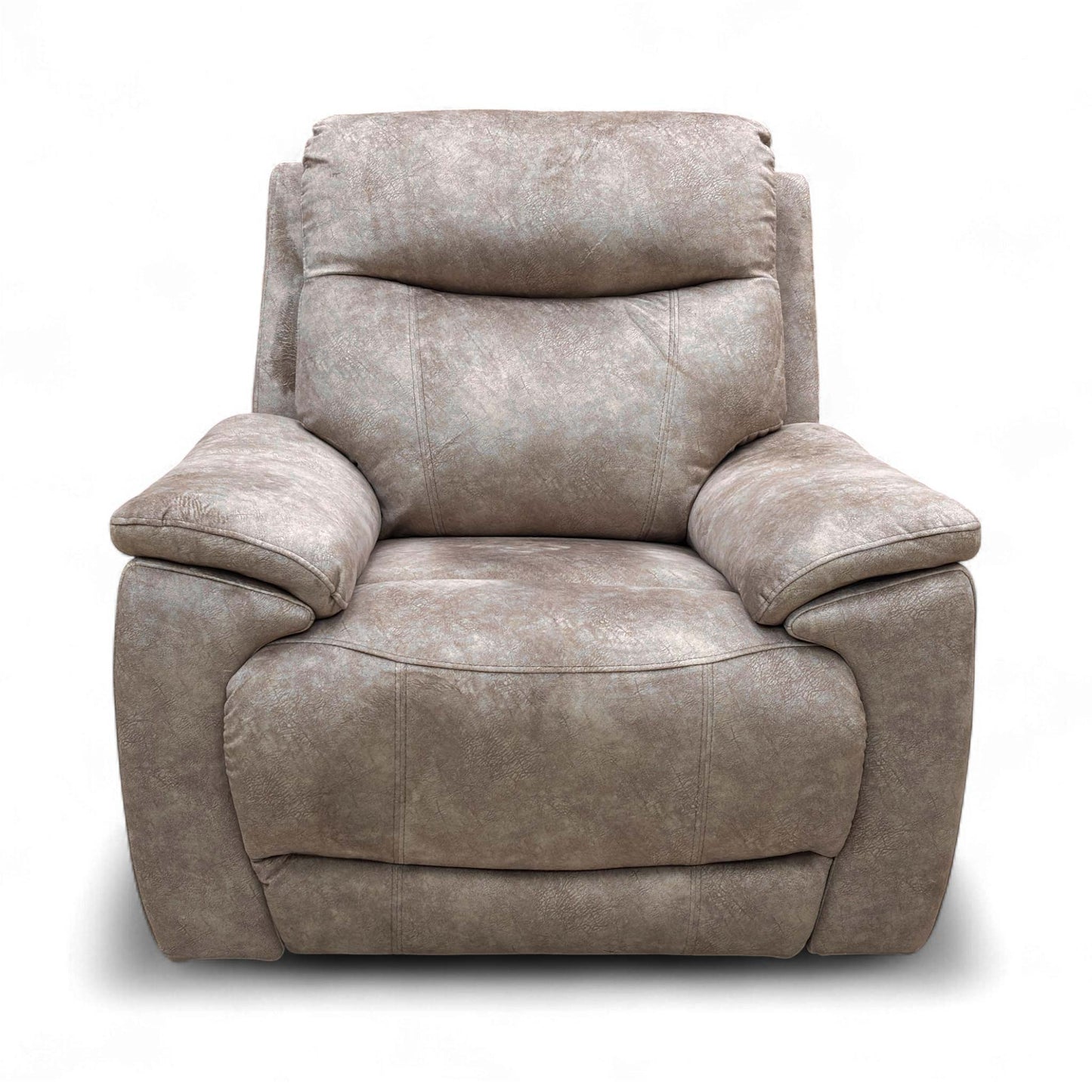 Front shot of the integrated power control buttons, showing the ease of operation for the reclining function and the sturdy build of the chair frame.