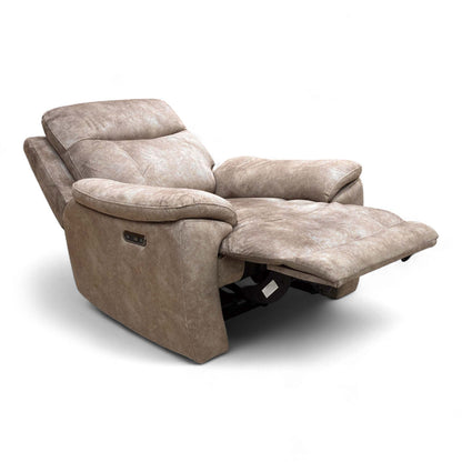 Full view of the ‘Sloane’ power recliner armchair in Marble Charcoal Grey velvet, featuring a modern high-back design and sleek dark metal legs.