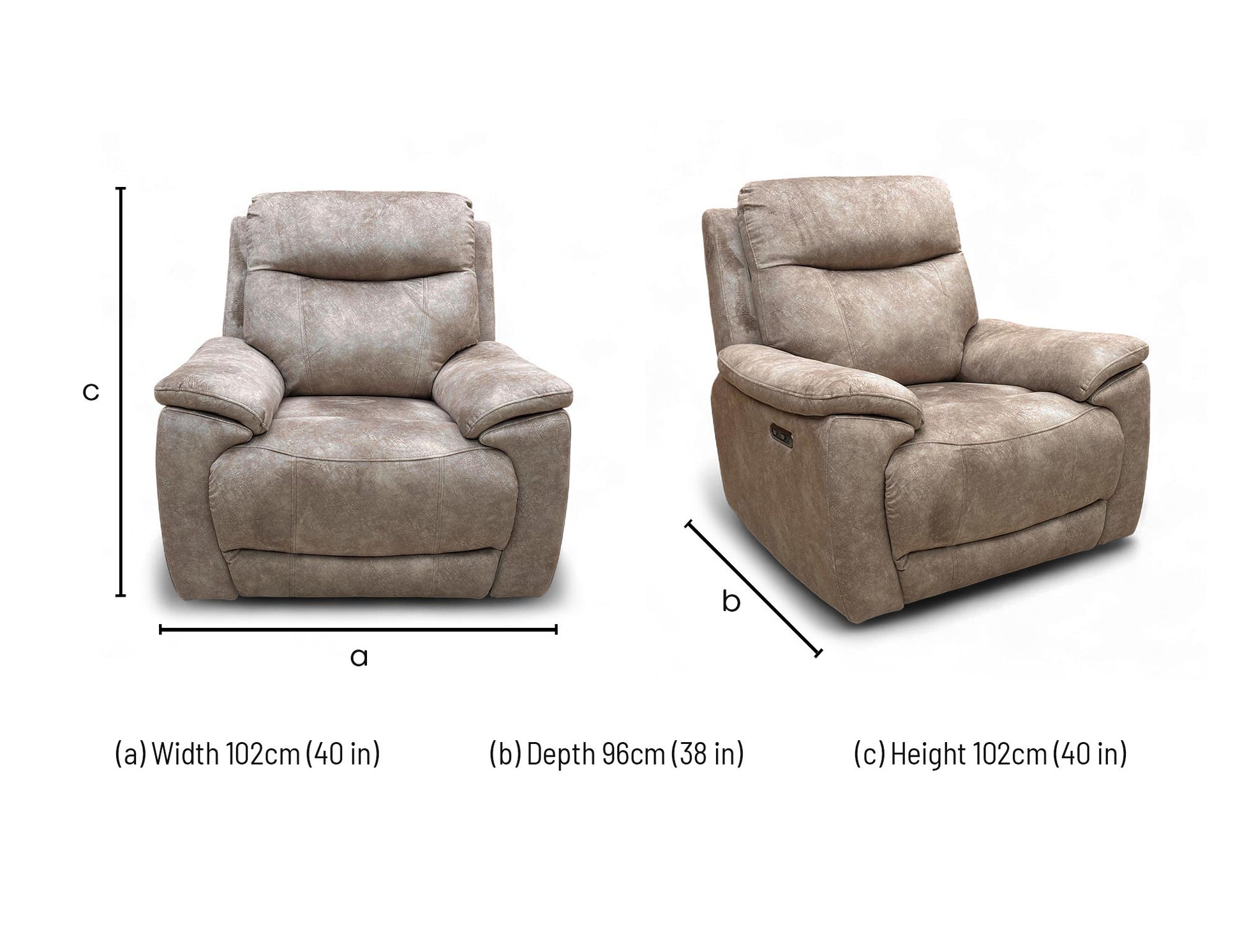 Technical dimension diagram for the ‘Sloane’ Marble Charcoal Velvet Power Recliner Chair: Width 102cm, Depth 98cm, Height 102cm.