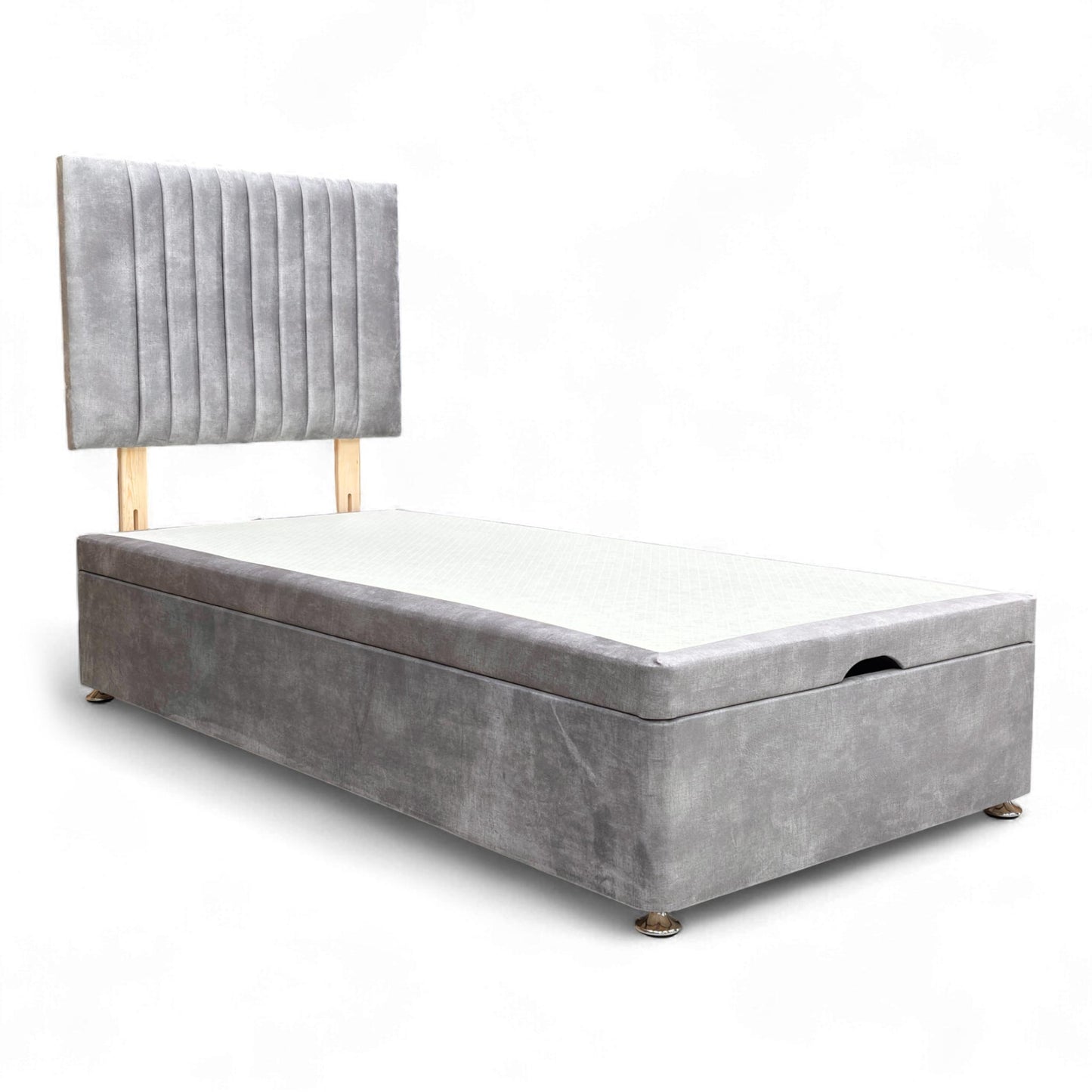 Full view of the Highgrove ‘Nero’ Single Bed set featuring a Lace Dolphin velvet floor-standing headboard and an end-lift ottoman storage base.