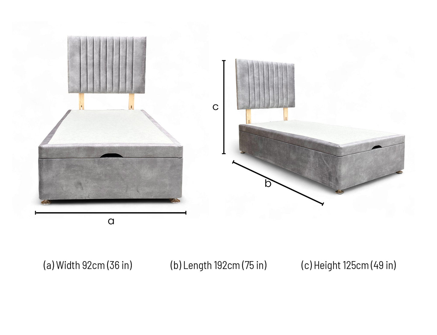 Dimensions for the Highgrove ‘Nero’ Lace Dolphin Velvet Floor-Standing Headboard and End-Lift Ottoman Base (Single).