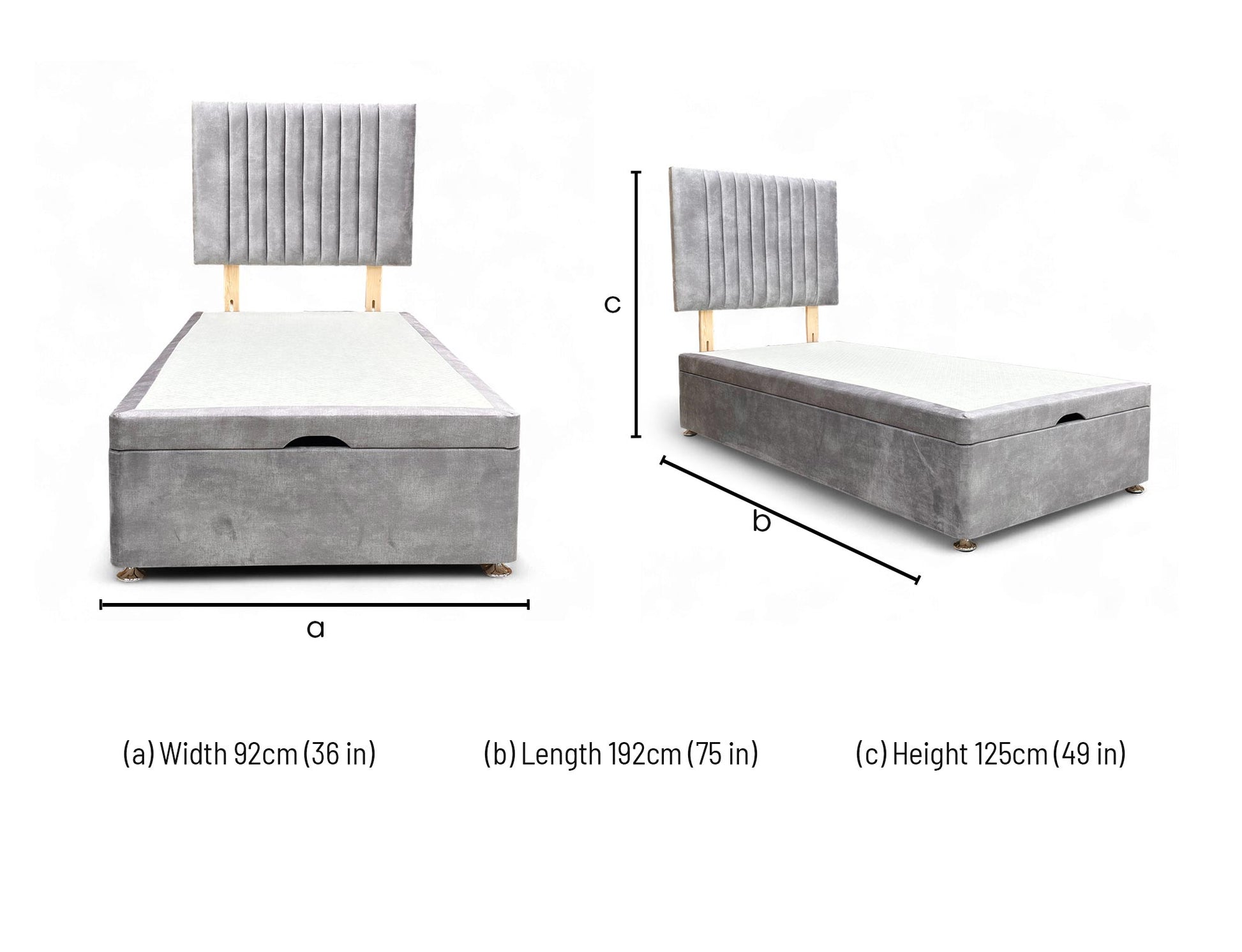 Dimensions for the Highgrove ‘Nero’ Lace Dolphin Velvet Floor-Standing Headboard and End-Lift Ottoman Base (Single).