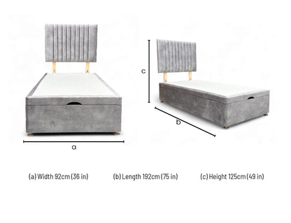 Dimensions for the Highgrove ‘Nero’ Lace Dolphin Velvet Floor-Standing Headboard and End-Lift Ottoman Base (Single).