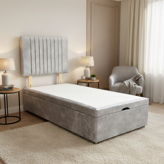 Lifestyle shot of the Nero Lace bed in a bedroom setting, highlighting the striking lace-patterned velvet headboard and modern silhouette.