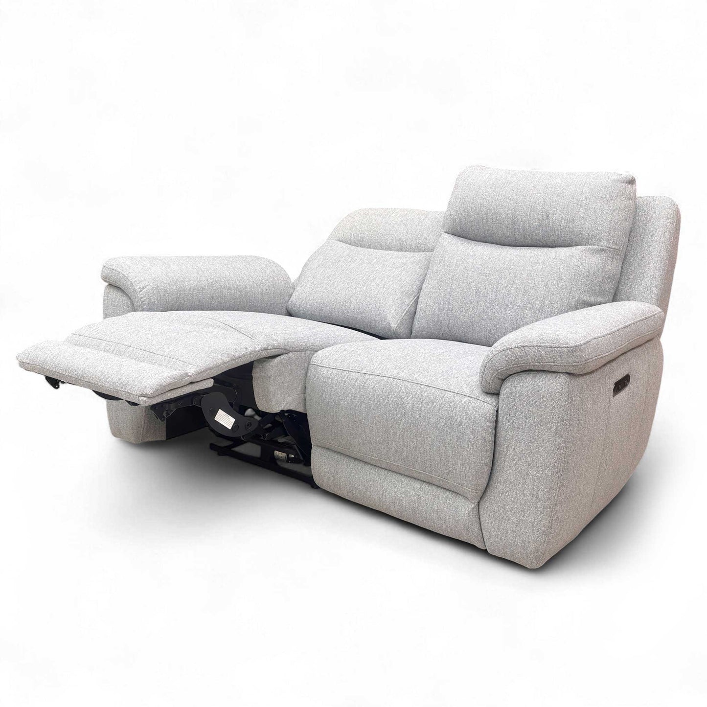 Wide frontal shot of the ‘Bobby’ Florence power recliner in stone grey fabric, highlighting the symmetrical 2-seater design.