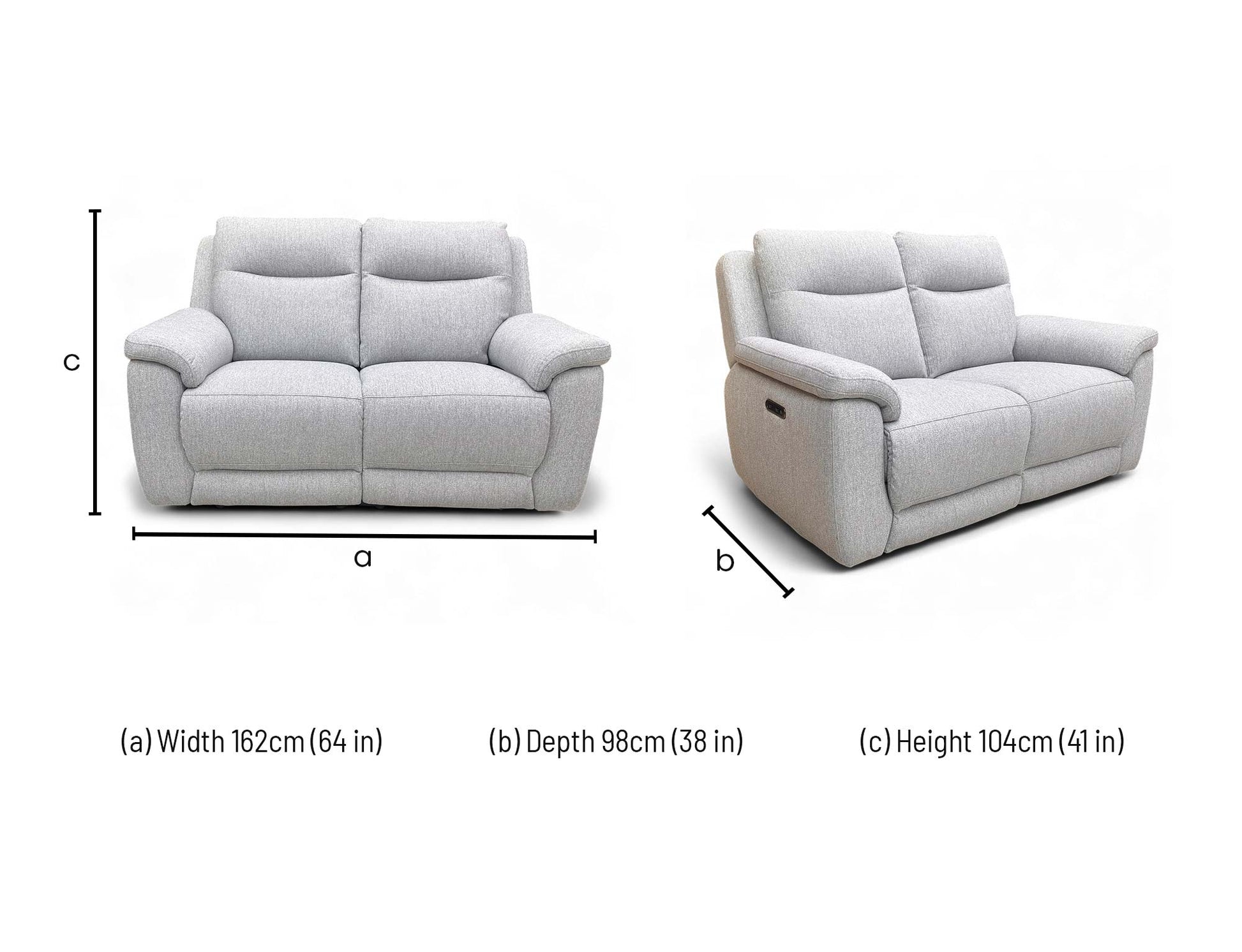 Dimensions for the ‘Bobby’ Florence Stone Grey 40501 Tight Weave Fabric 2 Seater Power Recliner Sofa.