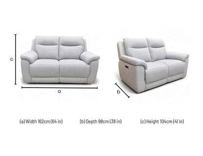 Dimensions for the ‘Bobby’ Florence Stone Grey 40501 Tight Weave Fabric 2 Seater Power Recliner Sofa.