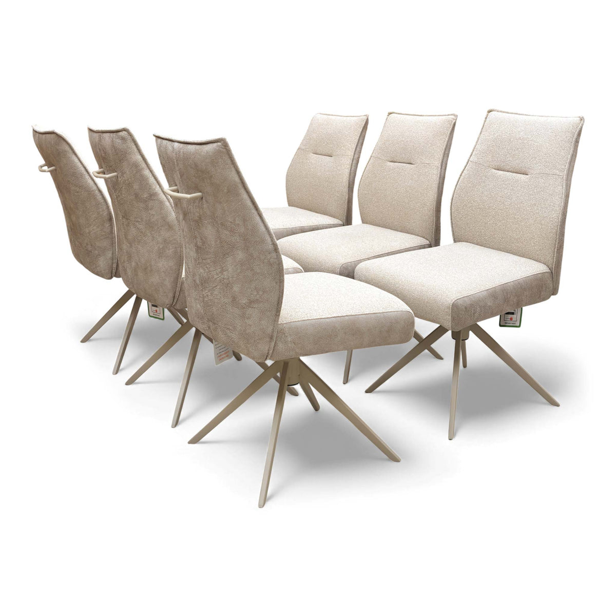 Mirage neutral fabric swivel dining chairs set of 6 showing the taupe suede-effect backs and grab handles