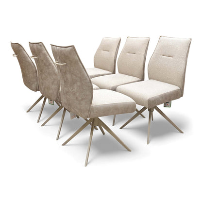 Mirage neutral fabric swivel dining chairs set of 6 showing the taupe suede-effect backs and grab handles