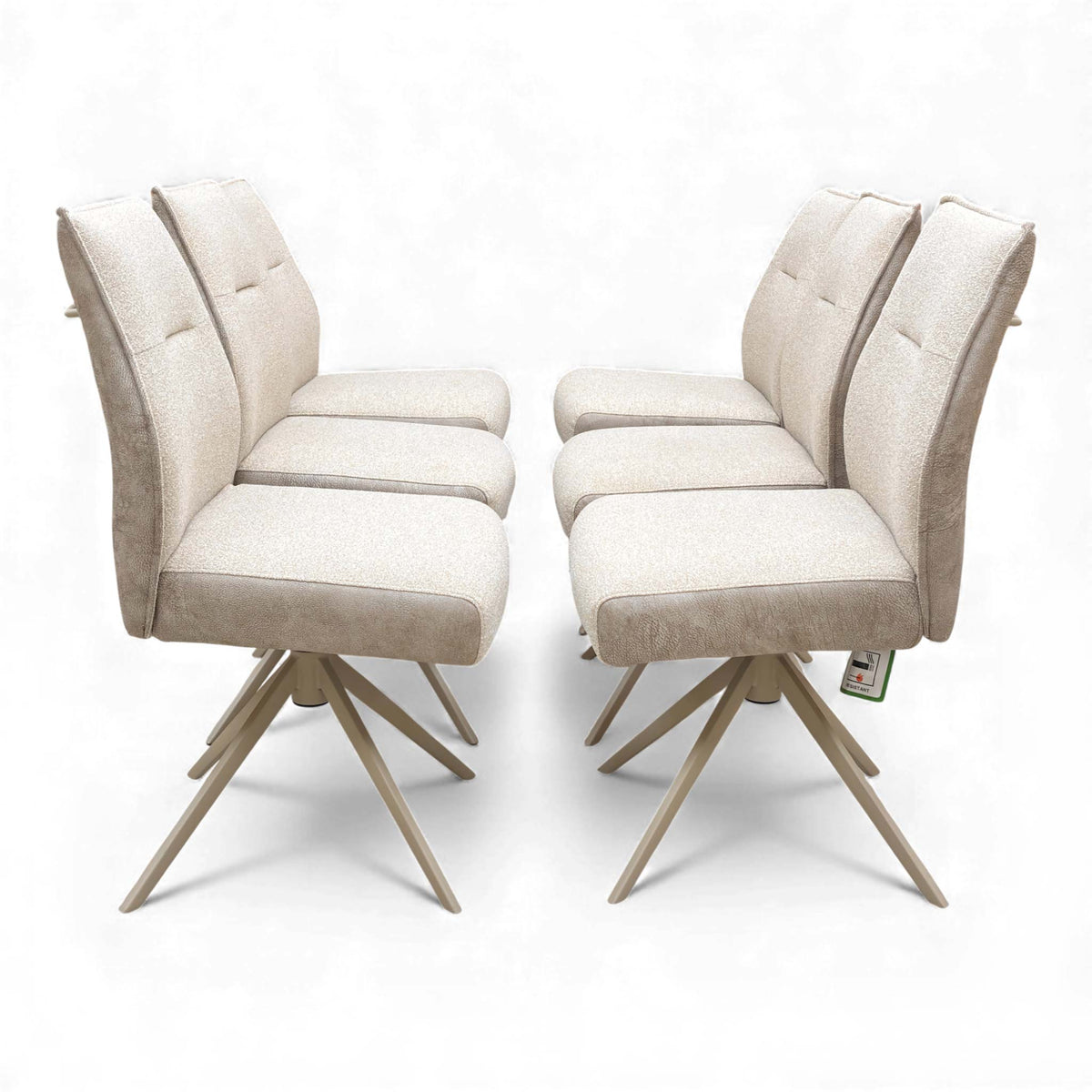 Side view of the six Mirage neutral fabric swivel dining chairs lined up in two rows of three