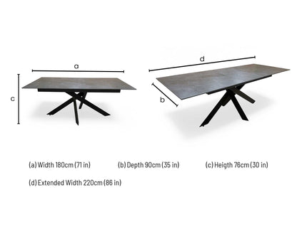 'Warrior' Grey Sintered Stone 180cm Extending Dining Table