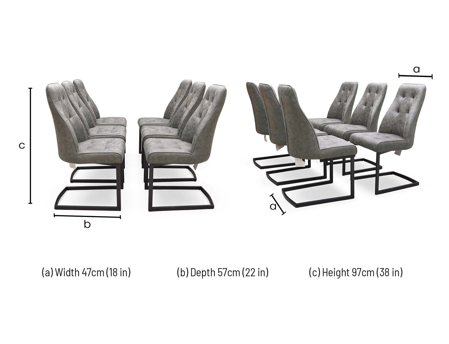 Dimensions for the Furniture Village ‘Merlin’ Charcoal Grey Suede Fabric Cantilever Dining Chair.