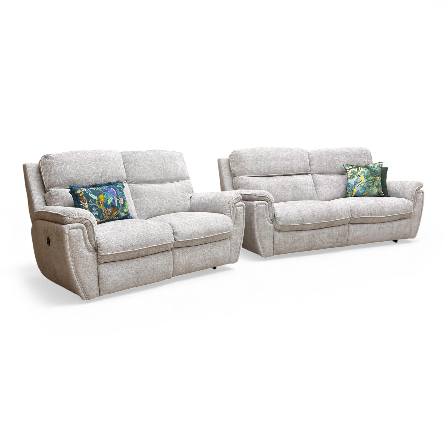 ‘Ashton’ Chunki Pumice Chrome Insert Woven Fabric 3 + 2 Power Recliner Sofa Set