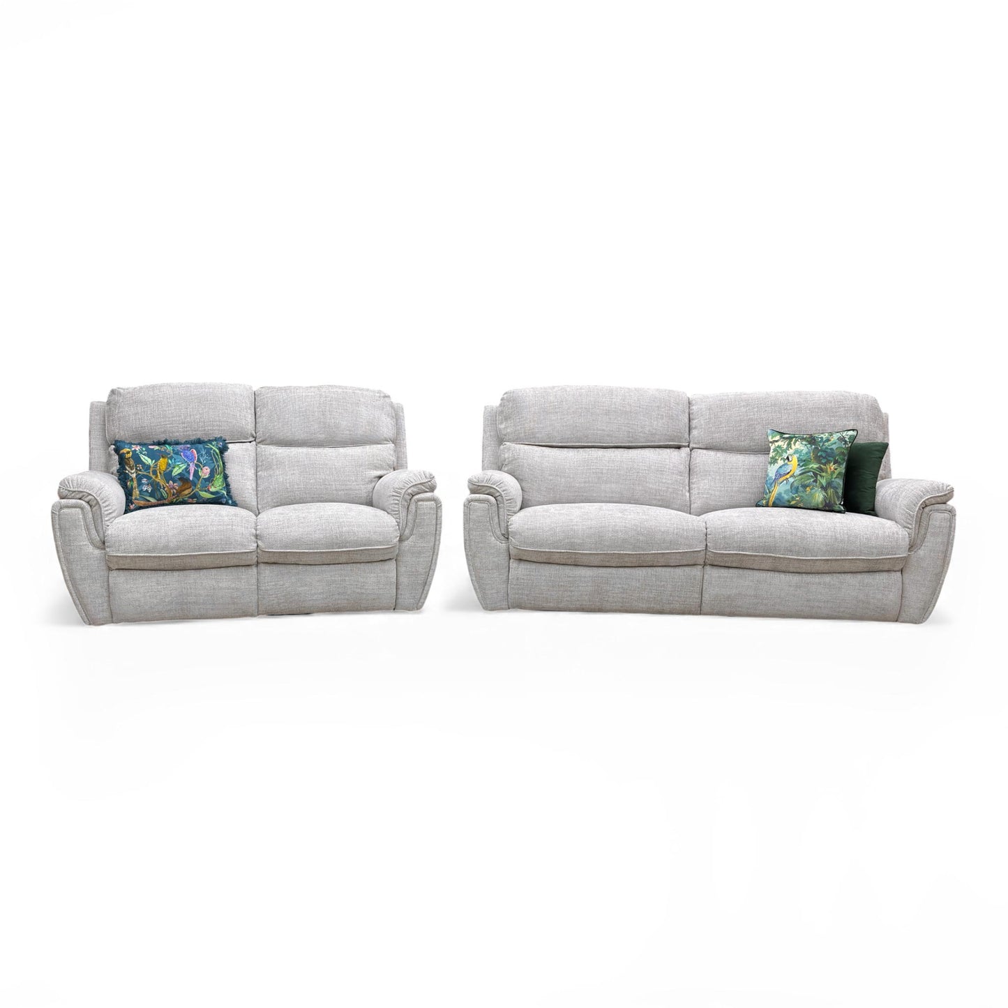 ‘Ashton’ Chunki Pumice Chrome Insert Woven Fabric 3 + 2 Power Recliner Sofa Set