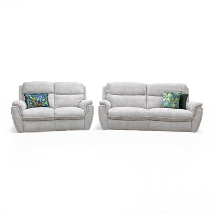 ‘Ashton’ Chunki Pumice Chrome Insert Woven Fabric 3 + 2 Power Recliner Sofa Set