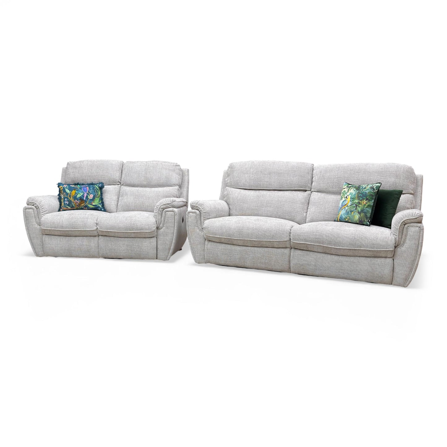 ‘Ashton’ Chunki Pumice Chrome Insert Woven Fabric 3 + 2 Power Recliner Sofa Set