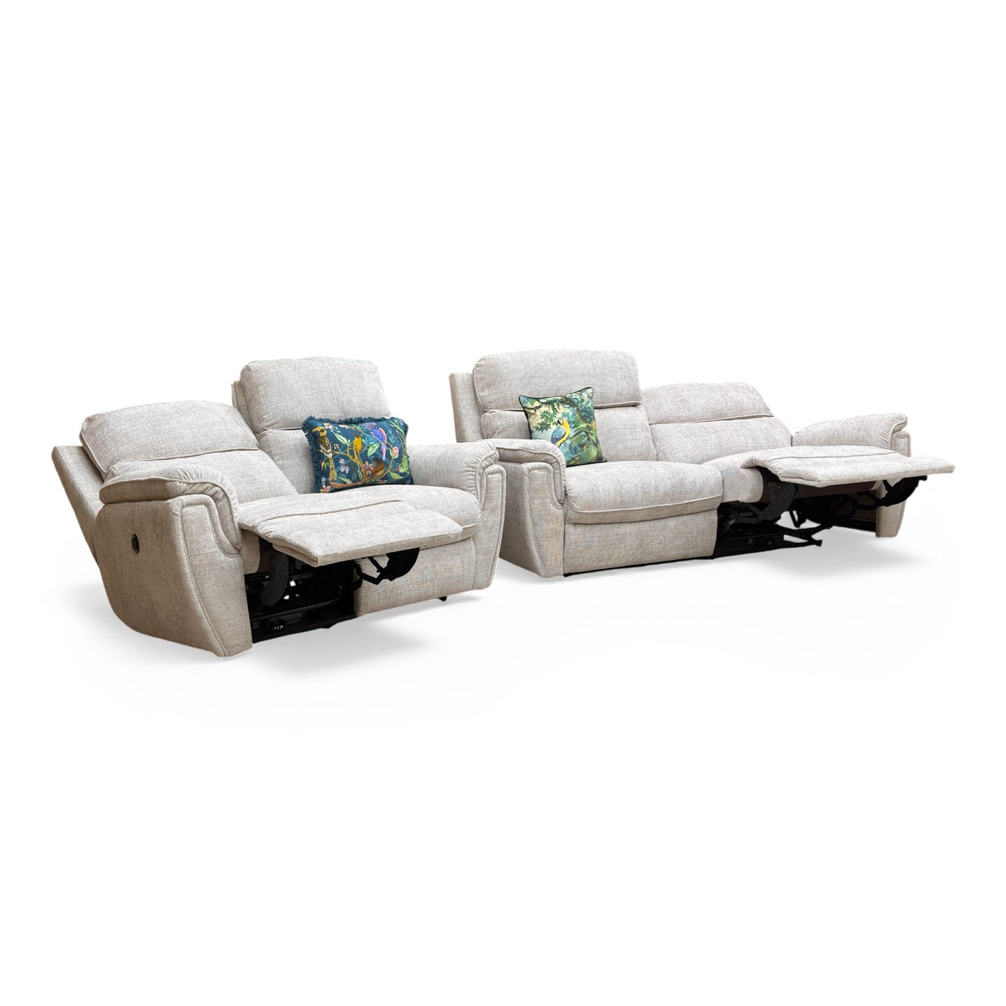 ‘Ashton’ Chunki Pumice Chrome Insert Woven Fabric 3 + 2 Power Recliner Sofa Set