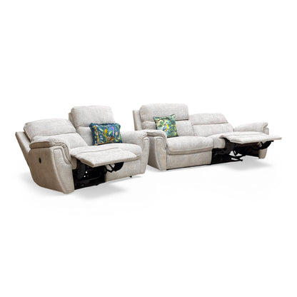 ‘Ashton’ Chunki Pumice Chrome Insert Woven Fabric 3 + 2 Power Recliner Sofa Set