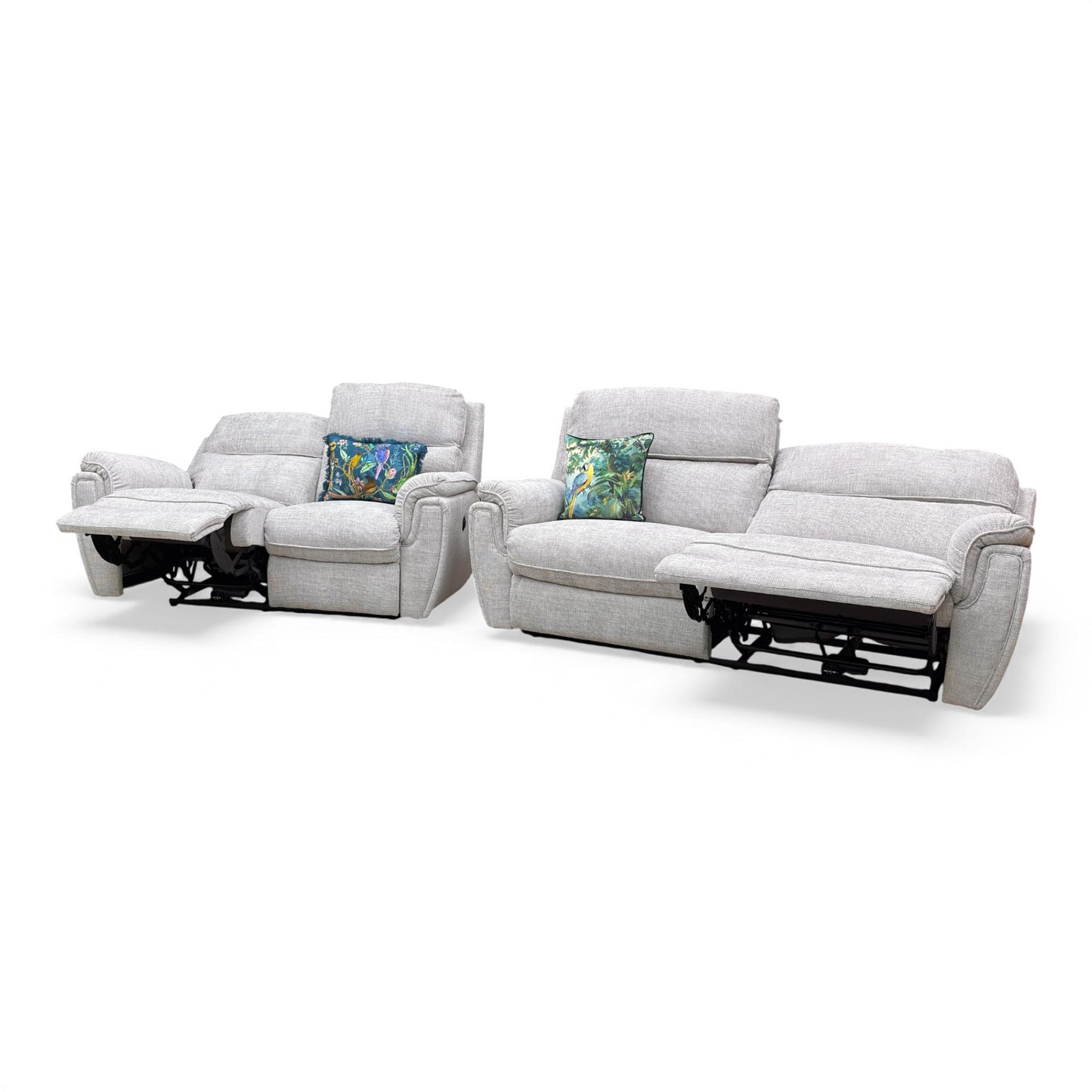‘Ashton’ Chunki Pumice Chrome Insert Woven Fabric 3 + 2 Power Recliner Sofa Set