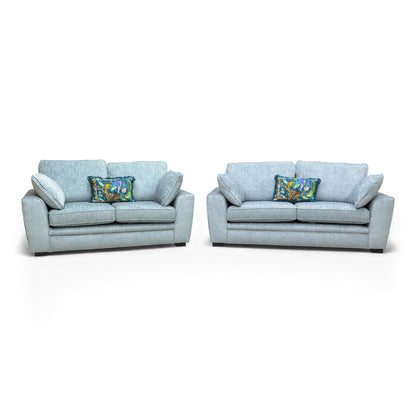 Front view of the Sofology 'Chalfont' 3+2 seater sofa set in Eau De Nil fabric, showcasing its modern design.