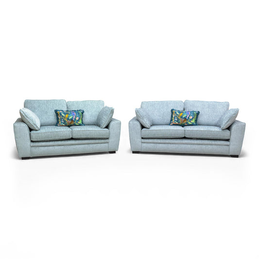 Front view of the Sofology 'Chalfont' 3+2 seater sofa set in Eau De Nil fabric, showcasing its modern design.