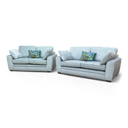 Angled view of the sofa set, emphasizing the wooden frame construction and top-quality finish.