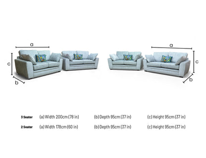 Dimensions for the Sofology 'Chalfont' Eau De Nil Fabric 3 + 2 Seater Sofa Set.
