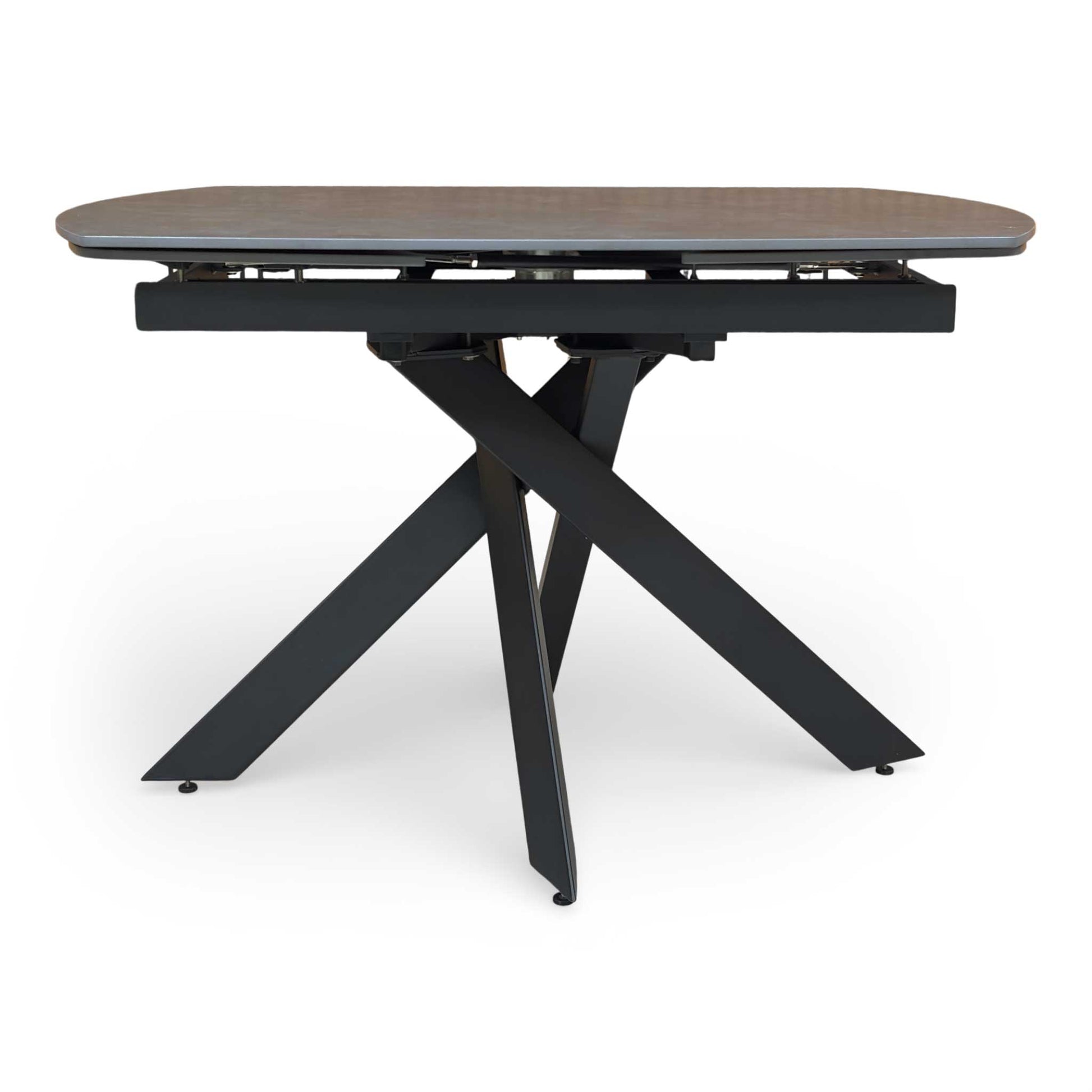 Detailed shot of the black powder-coated metal base featuring a unique asymmetric architectural design.