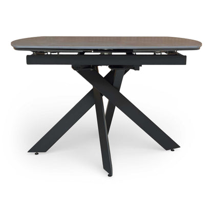 Detailed shot of the black powder-coated metal base featuring a unique asymmetric architectural design.