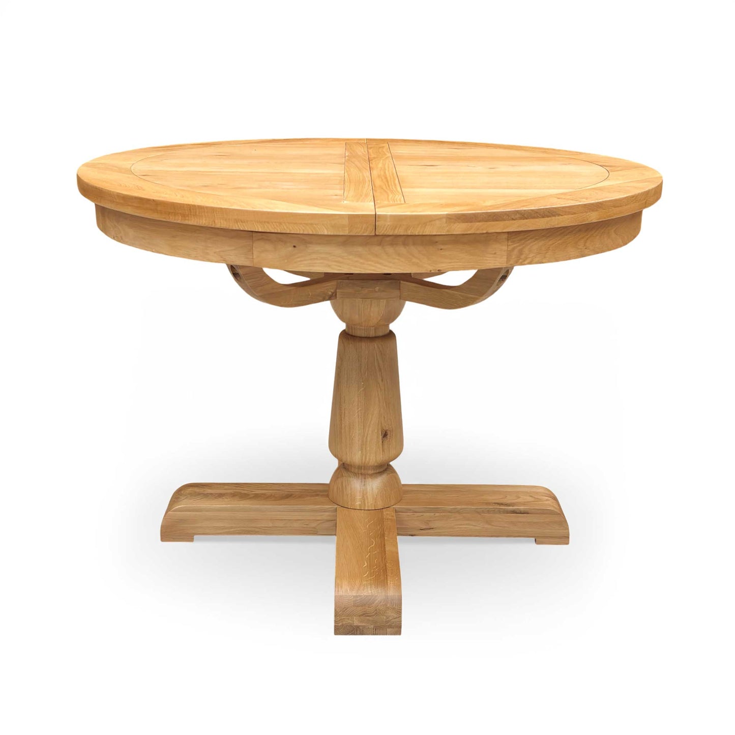 Side view of the Augusta dining table's central pedestal leg structure, showcasing the craftsmanship, stability, and elegant turned wood design.