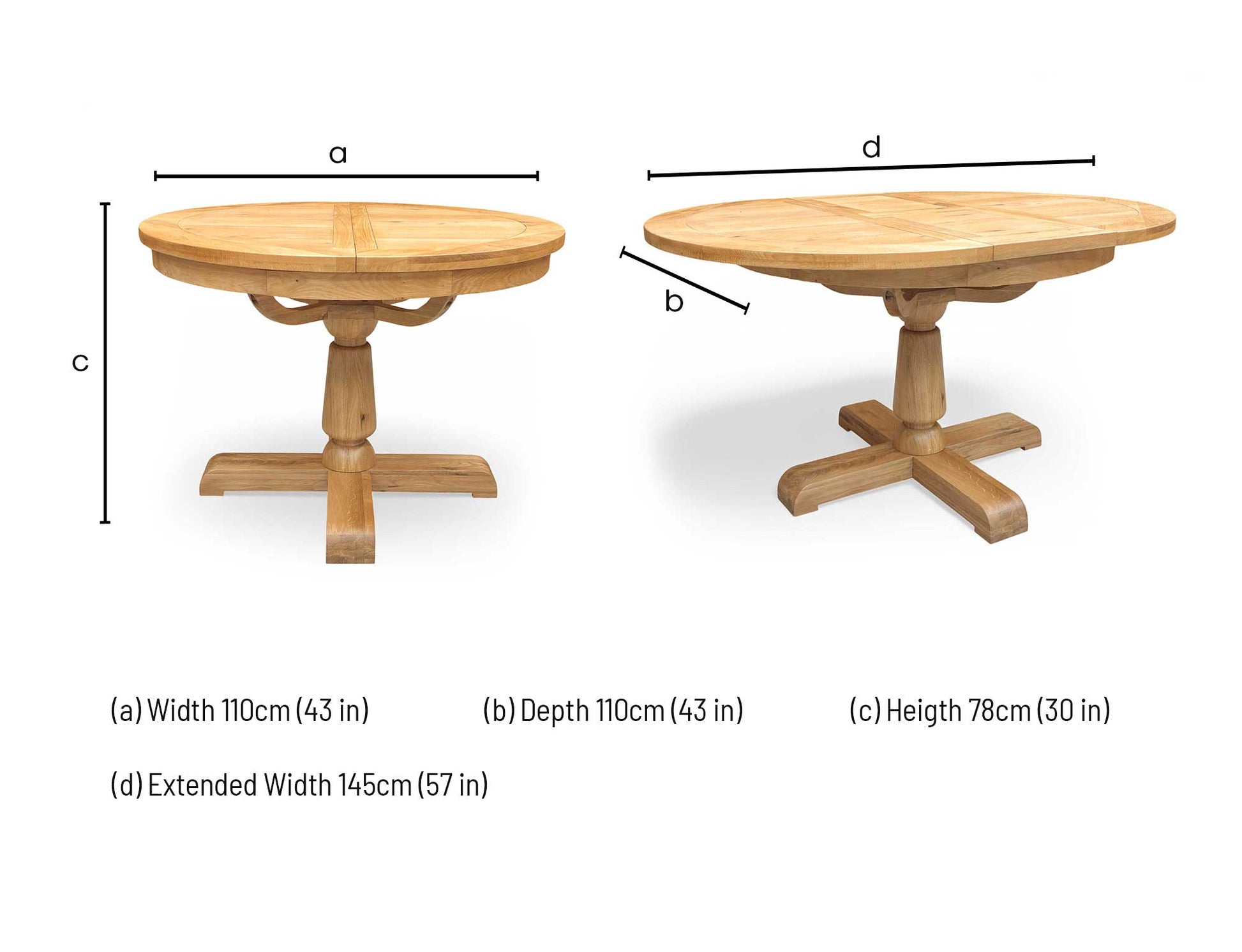 Technical dimension graphic for the Furnitureland Augusta round extending table, indicating the starting diameter, extended length, total height, and clearance space.