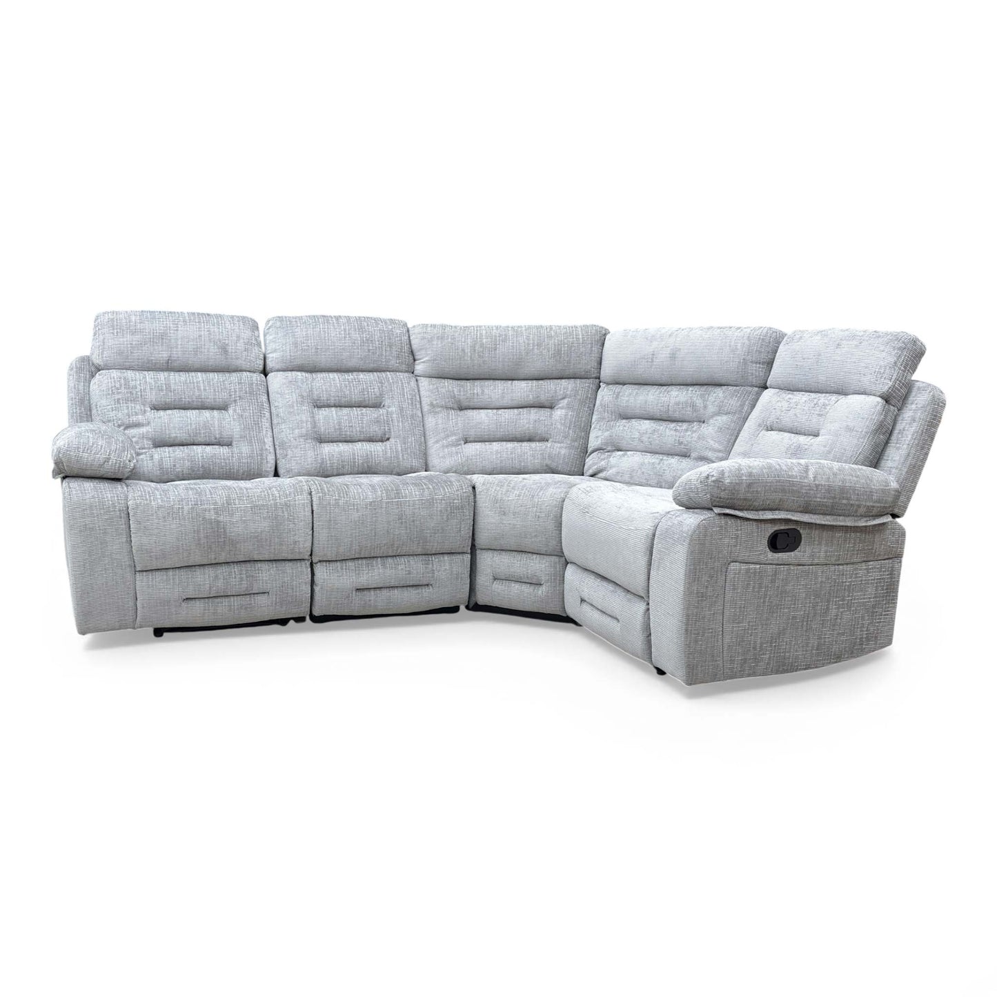 Side and back profile of the ‘Wilbur’ grey fabric sofa, illustrating its sleek lines and modular build.